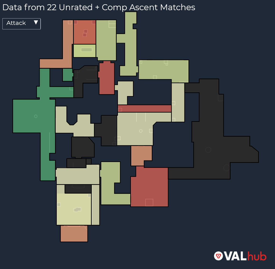 Valorant heatmap showing in 
                                                            which locations a player fights well (green) and 
                                                            in which they fight poorly (red)